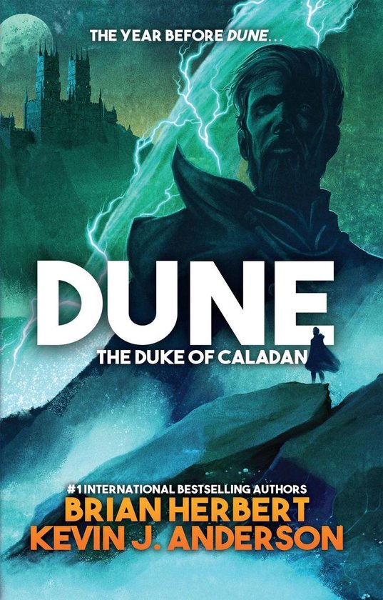 Boekomslag van DUNE: The Duke of Caladan. Een man met een baard kijkt ernstig, met groene bliksem op de achtergrond.