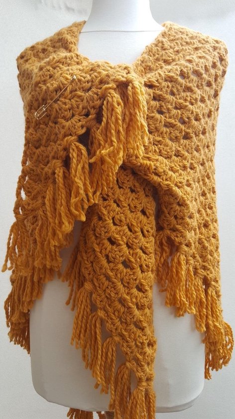 Handgemaakte warme zachte omslagdoek / grote driehoek sjaal / stola in  okergeel met... | bol.com