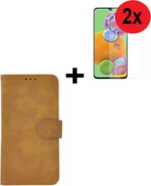 Samsung Galaxy A31 hoes Effen Wallet Bookcase Hoesje Cover Bruin + 2x Screenprotector Tempered Gehard Glas / Glazen (2 stuks) Pearlycase