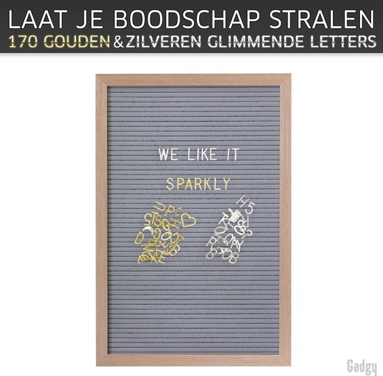 Gadgy Letter board gris feutre - 30x45cm - 170 blanc, 170 or brillant, 170 lettres argent brillant etc. - 100 icônes blanches - 4 punaises - lettres de sac de rangement etc.