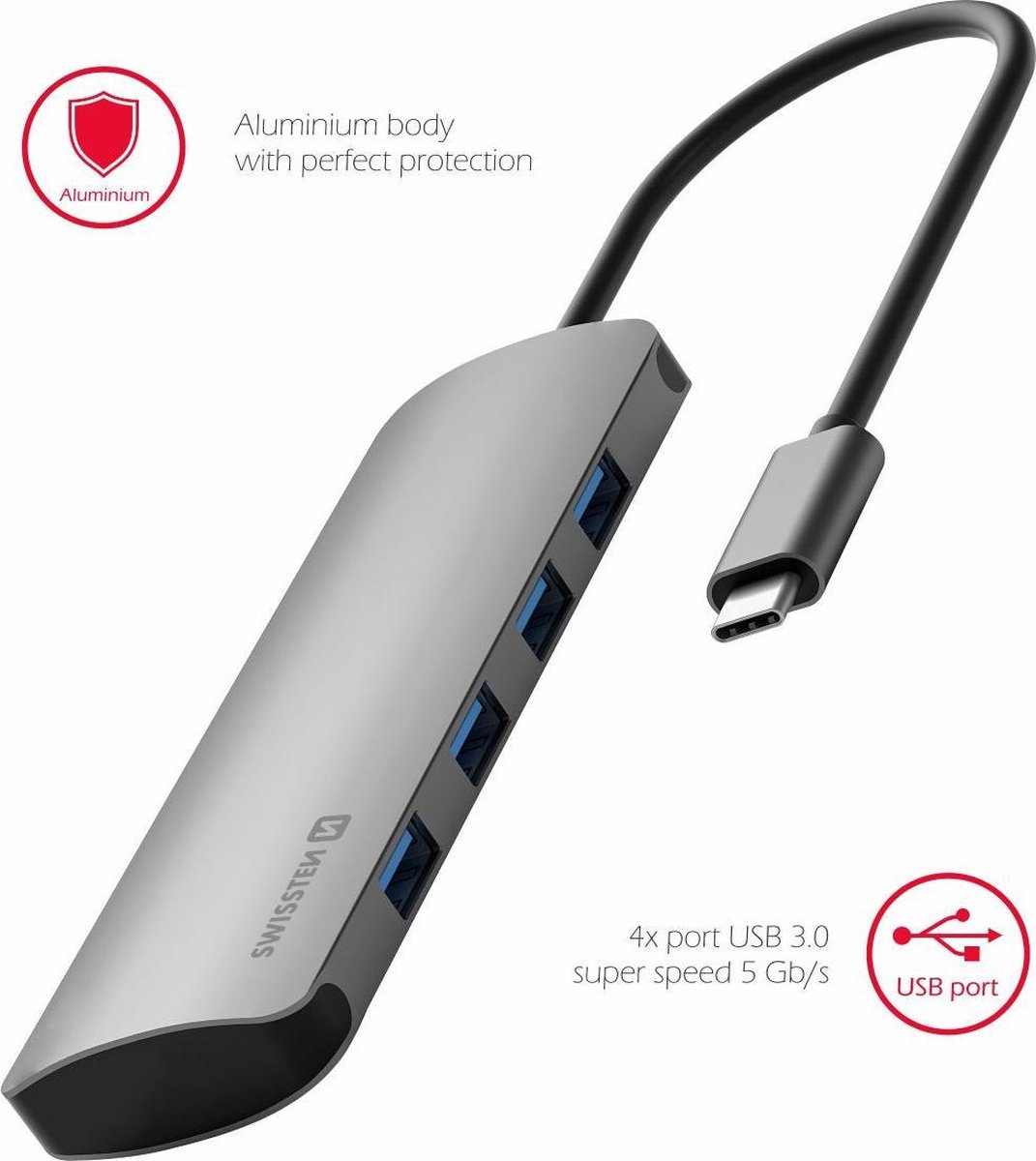 Swissten Aluminium 4 in 1 USB-C Hub Adapter voor o.a. Macbook - 4x USB 3.0 - Grijs