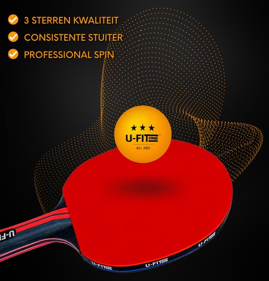 Oranje U-FITONE tafeltennisbal op een rode tafeltennisracket. Professionele kwaliteit, consistente stuiters, professionele spin.