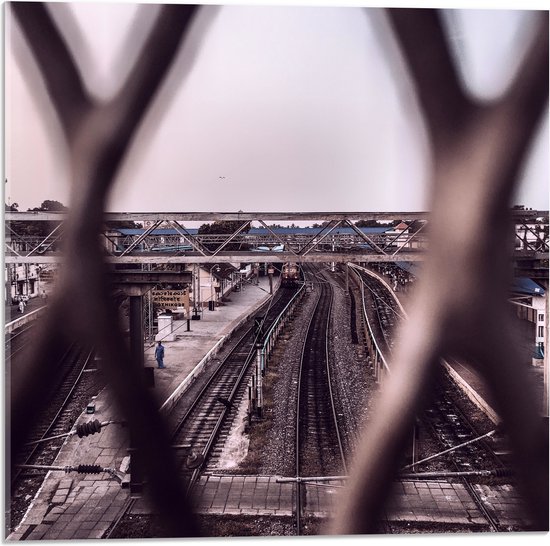 Acrylglas - Uitzicht op Verroest Station vanaf Spijlen van Brug - 50x50 cm Foto op Acrylglas (Met Ophangsysteem)