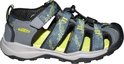 Sandale KEEN grise à bout fermé, brides vert lime à motif imprimé et fermeture velcro.