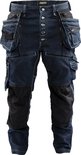 Blåkläder werkspijkerbroek in donkerblauw denim met zwarte verstevigingen onderaan. Meerdere zakken met ritsen.