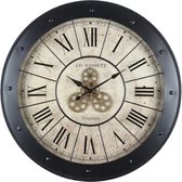 HAES DECO - Grande Horloge Murale 80 cm XXL Zwart Couleur Crème - Horloge Radar à Engrenages Tournants - Klok en Métal et Bois - Cadran Chiffres Romains - Horloge Murale Ronde Horloge à Suspendre Horloge de Cuisine