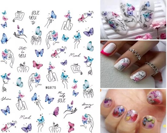 Nagelstickers met vlinders, abstracte gezichten en tekst, ook voorbeelden van aangebrachte nagels.