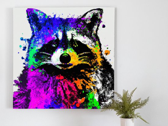 Rainbow-Tinted Raccoon kunst - 40x40 centimeter op Canvas | Foto op Canvas - wanddecoratie