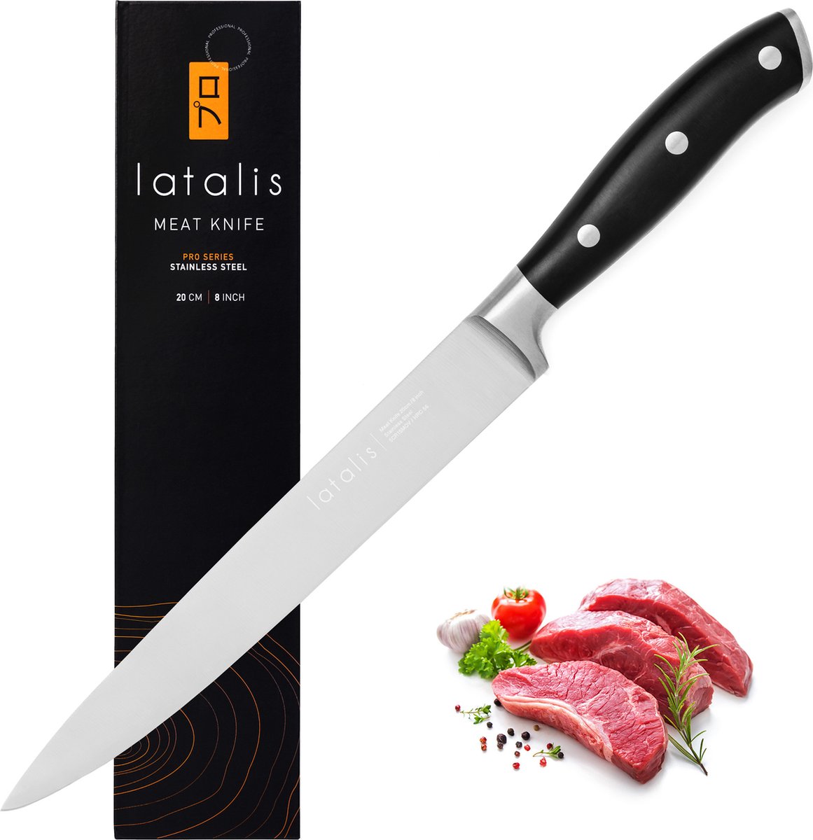 Latalis Pro Serie Vleesmes 20 cm - Keukenmes - RVS - Vlijmscherp vleesmes in een giftbox - Latalis