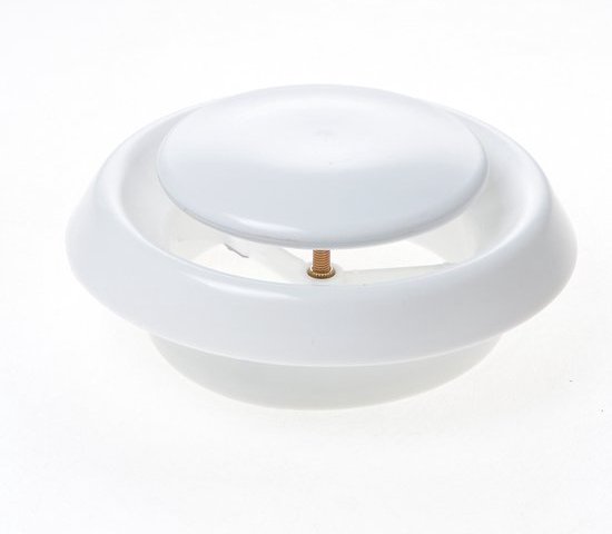 Wit afzuigventiel met verstelbare schotel en messing schroef. Rond ontwerp met een schuine rand.