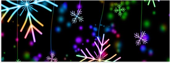Poster (Mat) - Neon Kleurige Sneeuwvlokjes tegen Zwarte Achtergrond - 90x30 cm Foto op Posterpapier met een Matte look
