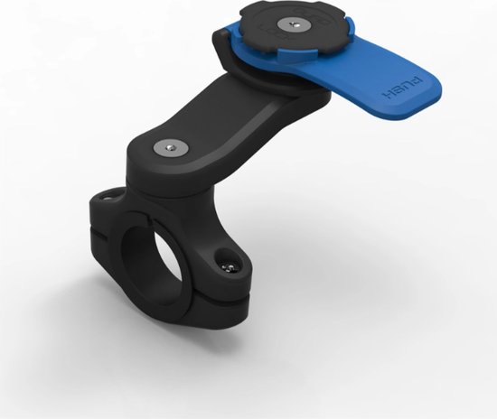 Zwarte Quad Lock stuurbevestiging met blauwe hendel, op witte achtergrond.