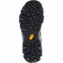 Zool van een grijze Merrell wandelschoen met oranje Vibram logo en dik profiel.