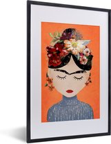 Fotolijst incl. Poster - Portret - Frida Kahlo - Oranje - Vrouw - Bloemen - 40x60 cm - Posterlijst