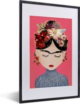 Fotolijst incl. Poster - Frida Kahlo - Vrouw - Vintage - Bloemen - Kunst - 40x60 cm - Posterlijst