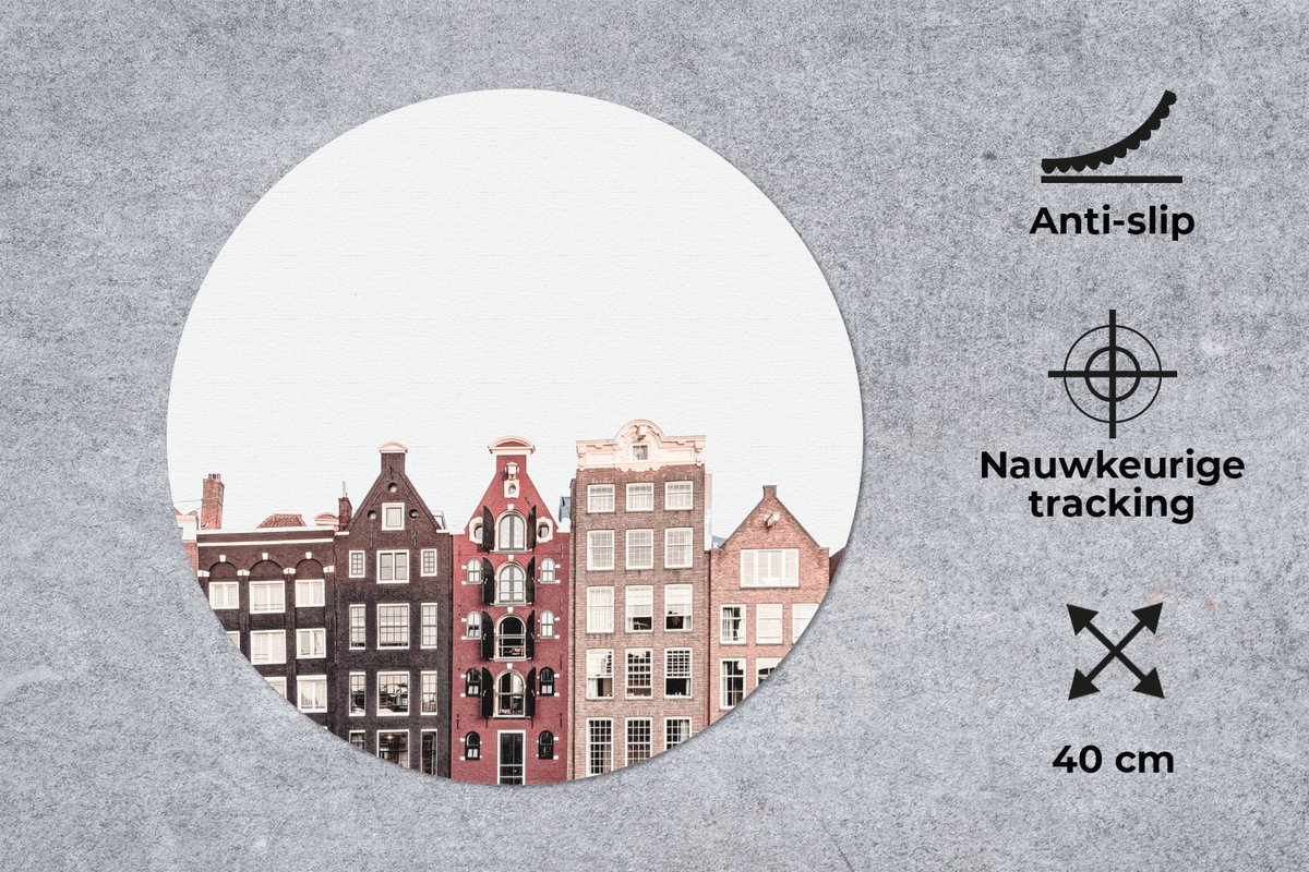 Muismat rond 40x40 cm - Mousepad Amsterdam - Architectuur - Huizen - Straat - Ronde muismatten