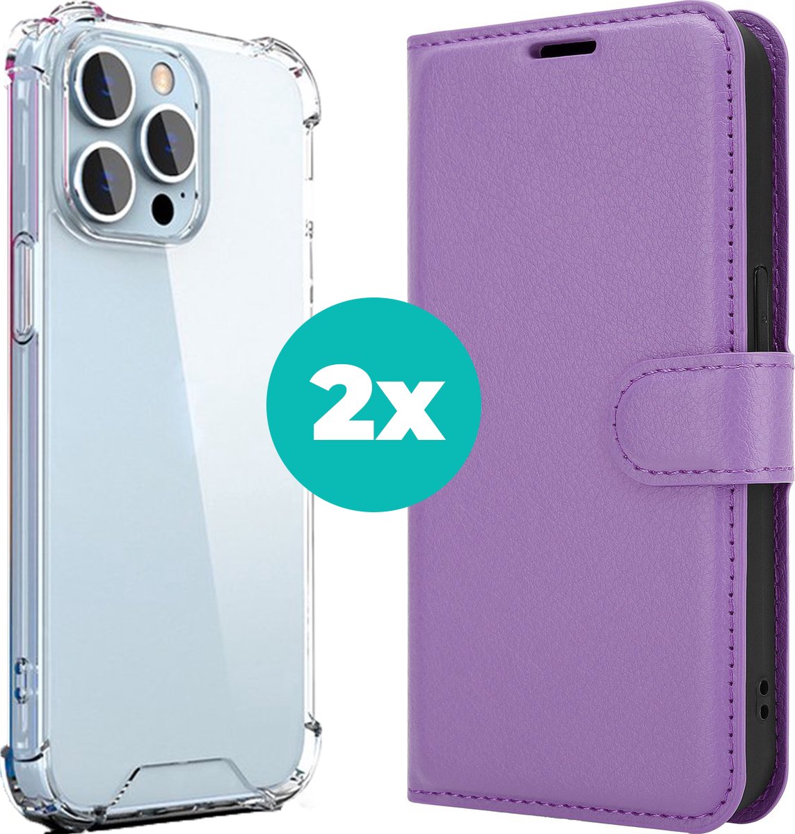 Hoesje geschikt voor iPhone 14 Pro hoesje bundel - Wallet case en transparant case - 2 hoogwaardige hoesjes voor iPhone Pro 14 - Bundel van Paars en Transparant hoesje