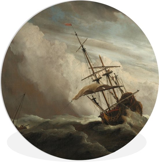WallCircle - Wandcirkel - Muurcirkel Binnen - Een schip in volle zee bij vliegende storm - Schilderij van Willem van de Velde - 120x120 cm - Wanddecoratie - Ronde Schilderijen XXL