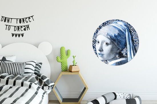 WallCircle - Stickers muraux - Cercle de Papier Peint - Fille avec une Boucle d'Oreille Perle - Johannes Vermeer - Bleu de Delft - 50x50 cm - Cercle Mural - Auto-Adhésif - Autocollant Rond de Papier Peint