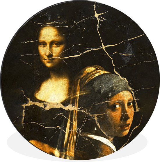 WallCircle - Wandcirkel - Muurcirkel - Meisje met de parel - Mona Lisa - Collage - Aluminium - Dibond - ⌀ 90 cm - Binnen en Buiten