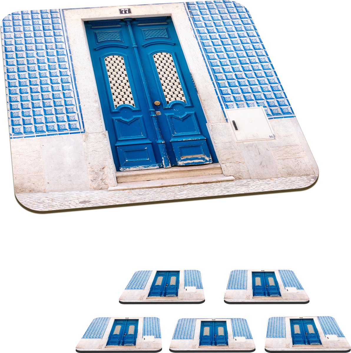 Onderzetters voor glazen - Blauw - Deur - Hout - Architectuur - 10x10 cm - Glasonderzetters - 6 stuks