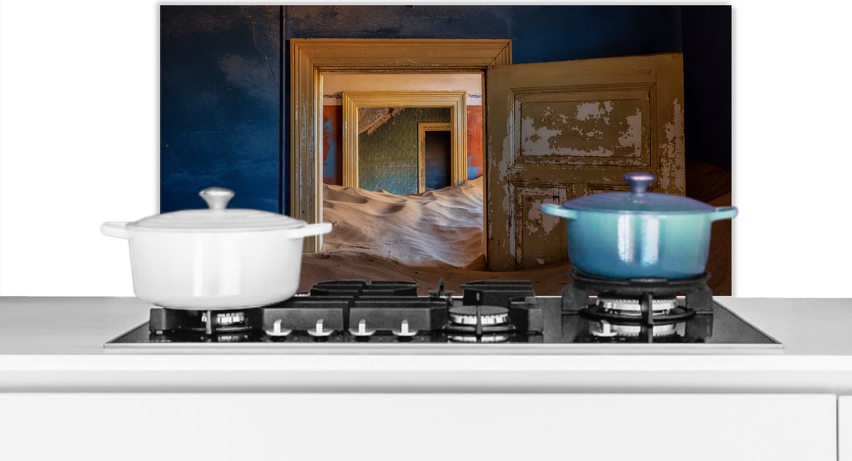 KitchenYeah Spatscherm keuken 80x40 cm Kookplaat achterwand Blauw Deur Zand Woestijn Muurbeschermer Spatwand fornuis Hoogwaardig aluminium