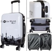 Travelsuitcase - Handbagage koffer Fly the World - Reiskoffer met cijferslot - Polycarbonaat - Wit - Maat S ca 55x38x21 cm
