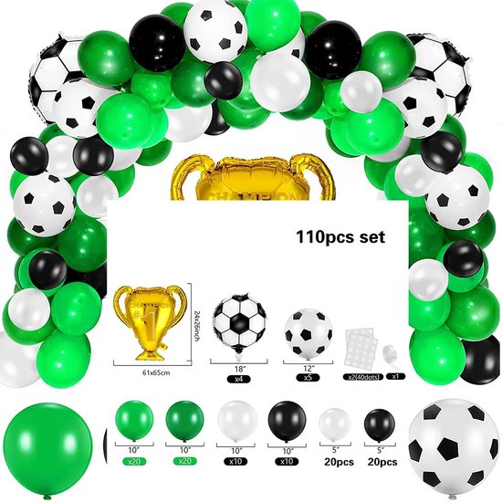 Voetbal thema verjaardag versiering pakket - Voetbal feestje - 110 stuks voetbalfeest versiering - Voetbal versiering verjaardag - Ballonnenboog decoratie - Happy Birthday Ballonnen en Slinger