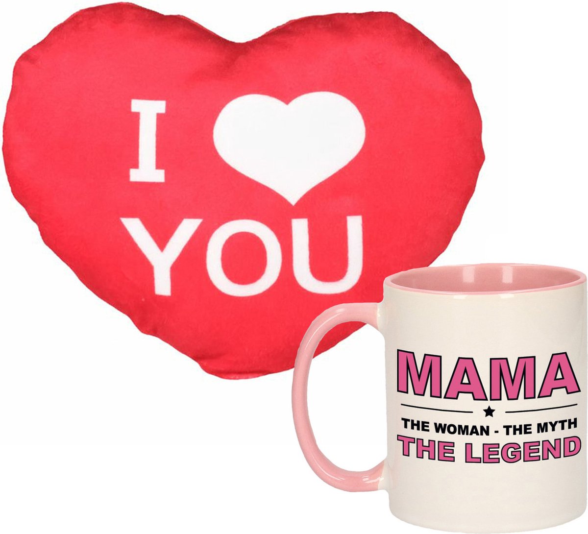 Mama the legend - mok/beker - 300 ml - roze - incl. sierkussentje hart vorm - 12 cm