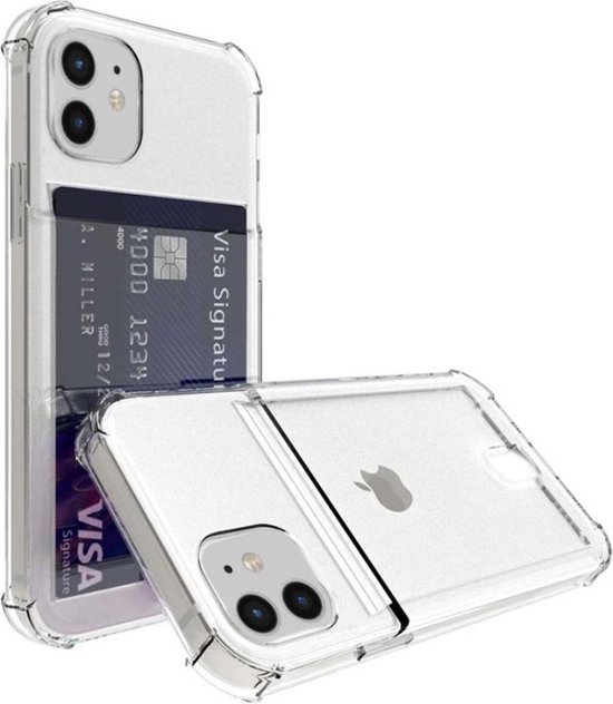 Doorzichtig hoesje voor iPhone 12 Mini met kaarthouder, toont de voor- en achterkant van het hoesje.