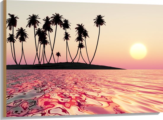 Hout - Silhouet van Palmbomen op Onbewoond Eiland in de Oceaan bij Zonsondergang - 100x75 cm - 9 mm dik - Foto op Hout (Met Ophangsysteem)