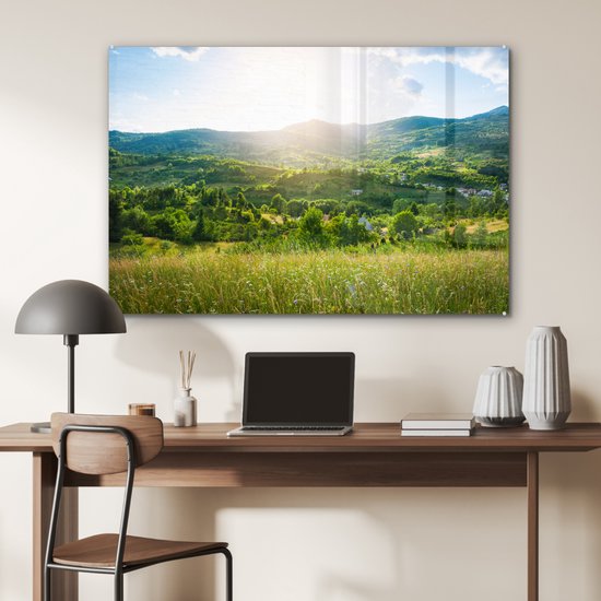 Peinture sur verre - Photo sur verre - Paysage - Herbe - Nature - Arbres - Peinture sur verre - Décoration d'intérieur - Verre acrylique - Peinture sur verre nature - 120x80 cm - Décoration murale