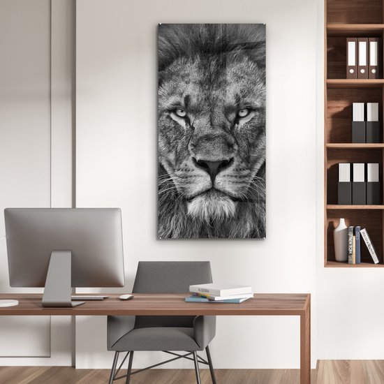Peinture sur verre - Photo sur verre - Verre acrylique - Animaux sauvages - Lion - Zwart - Wit - 60x120 cm - Peinture sur verre lion - Peinture sur verre - Décoration chambre - Chambre