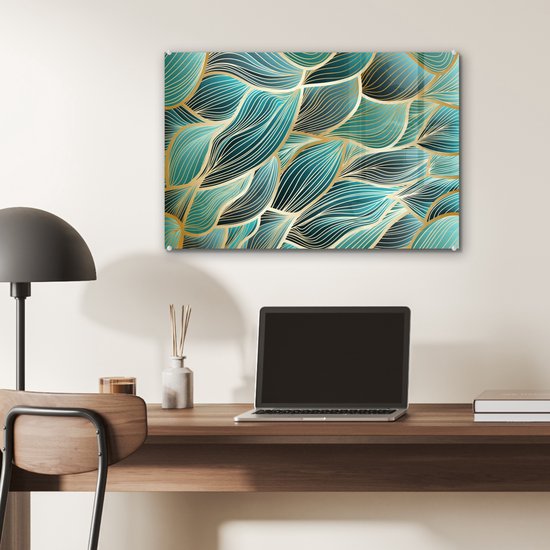 MuchoWow® Glasschilderij 60x40 cm - Schilderij acrylglas - Patronen - Goud - Abstract - Golf - Foto op glas - Schilderijen