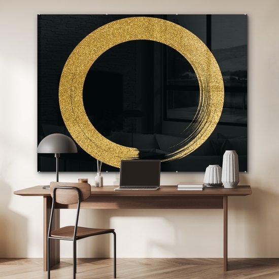 MuchoWow® Peinture sur verre 160x120 cm - Peinture sur verre - Cercle de paillettes dorées sur fond noir - Photo sur verre acrylique - Peintures