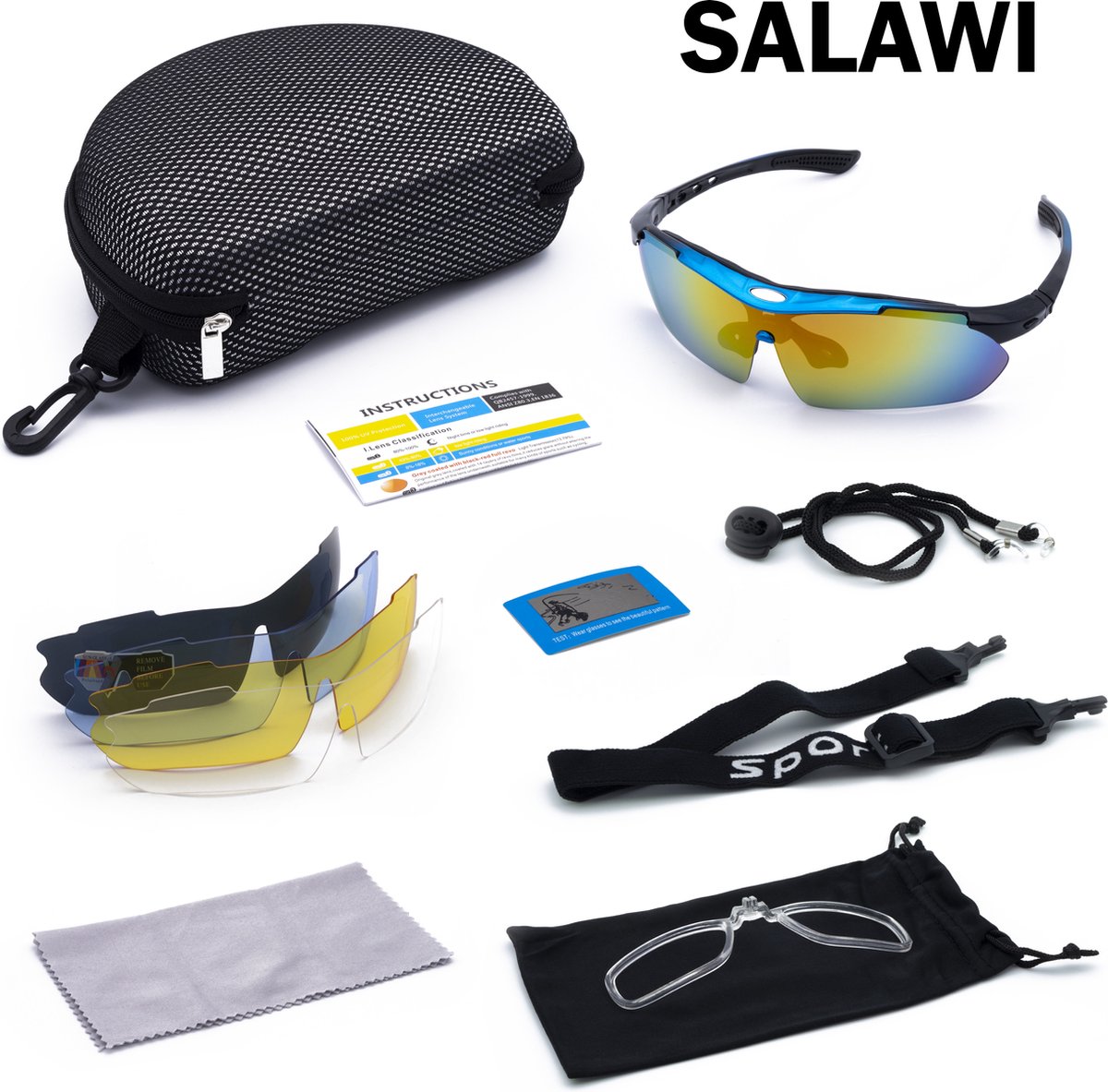 Salawi Blauw - fietsbrillen heren – fietsbril dames – transparant - meerkleurig - 4 verwisselbare lenzen - Salawi