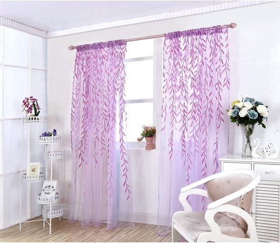 Transparant voilegordijn, decoratief gordijn voor slaapkamer, woonkamer, bladerenprint, 100 x 200 cm