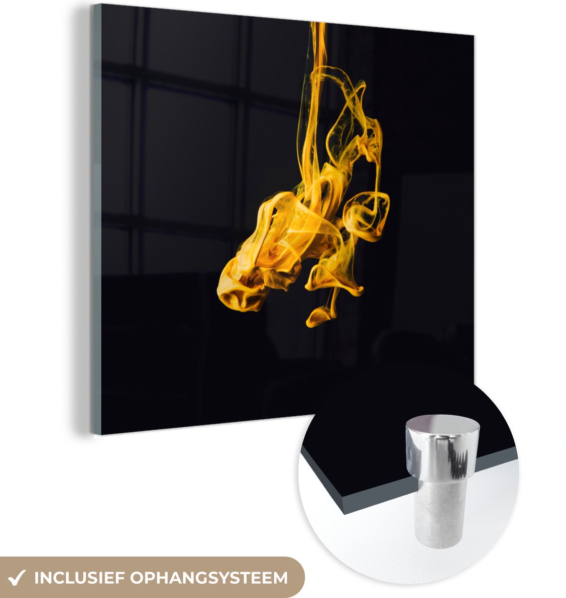 ® Glasschilderij 90x90 cm - Schilderij acrylglas - Verf - Goud - Zwart - Abstract - Foto op glas - Muurdecoratie woonkamer - Wanddecoratie slaapkamer - Schilderijen