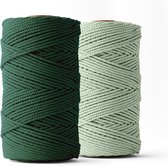 Ledent macramé touw, (3mm, 2 x 120M, donkergroen & eucalyptus), dubbel getwist, set van 2 - 100% geregenereerd katoenkoord - Macramé touw in verschillende kleuren om mee te knutselen.