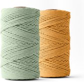 Ledent macramé touw, (3mm, 2 x 120M, eucalyptus & mosterdgeel), dubbel getwist, set van 2 - 100% geregenereerd katoenkoord - Macramé touw in verschillende kleuren om mee te knutselen.
