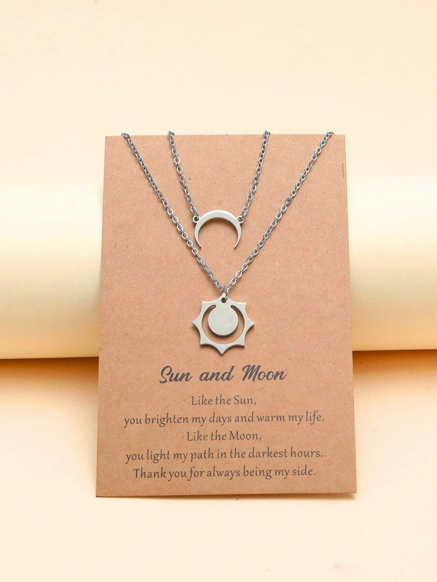 BFF Ketting voor 2 met Zon en Halve Maan - Zilverkleurig Koord - Vriendschapsketting met Cadeau kaartje - Pax Amare