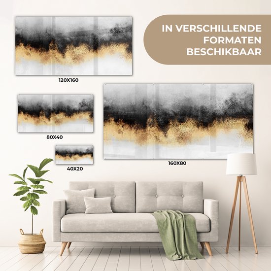 MuchoWow® Peinture sur Verre - Goud - Chic - Abstrait - Zwart - Wit - Luxe - 80x40 cm - Peintures sur Verre Acrylique - Photo sur Glas