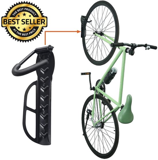 Zwarte fietsophangbeugel naast een mintgroene fiets die eraan hangt. "The Best Seller"-sticker op de foto.