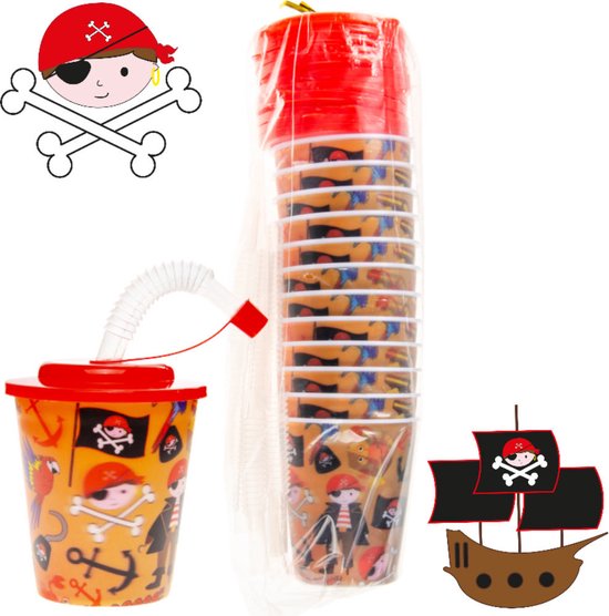 12 STUKS PIRAAT 3D Drink Beker met Rietje en Deksel - 250ML - Piraten Plastic Bekers - Kinderfeestje - Kinderverjaardag Bekertjes - Traktatie - Uitdeelcadeaus van Merkloos — afbeelding 5