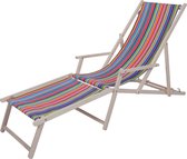 Kleurmeester.nl - Strandstoel met armleuning en voetenbank Salvador - Opklapbaar - Beukenhout -Canvas stof | Blauw / Groen / Rood / Geel/ Paars Gestreept