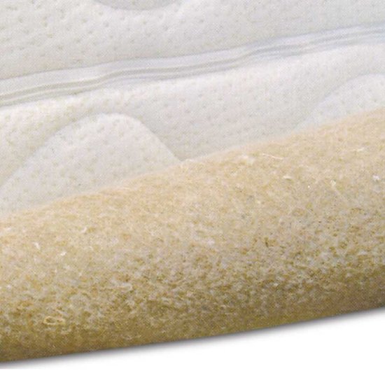 Close-up van de beige, ruwe textuur van de onderkant van een matrasbeschermer.