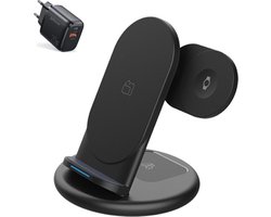 DrPhone Legend14 – 3 In 1 Oplaadstation – Draadloze Oplaadstation / Dock – Geschikt Voor iPhone / Android Smartphones & IOS Apple Watch 7/6/SE/5/4/3/2 & Geschikt voor iOS Airpods 2/ Airpods Pro- Zwart