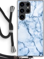 Case Company® - Hoesje met koord geschikt voor Samsung Galaxy S23 Ultra hoesje met Koord - Blauw marmer - Telefoonhoesje met Zwart Koord - Bescherming aan alle Kanten en Over de Schermrand