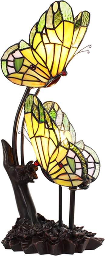 HAES DECO - Lampe de Table Tiffany Papillon 24x17x47 cm Glas Jaune Lampe de Bureau Tiffany Lampes Plombs Glas