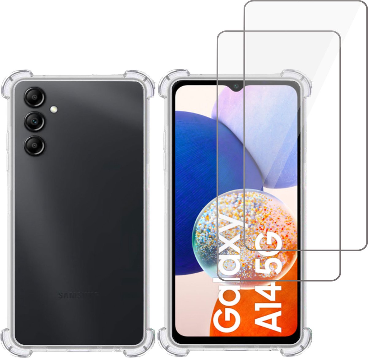 Hoesje geschikt voor Samsung A14 5G + 2x Screenprotector – Tempered Glass - Extreme Shock Case Transparant